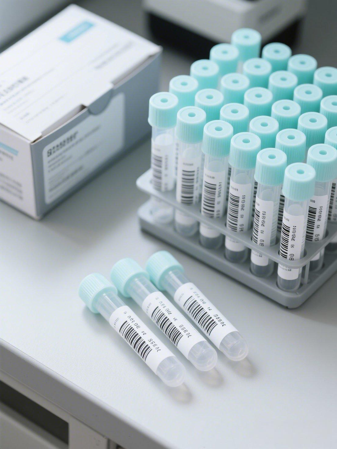 前景擺放著藥盒側(cè)面灰白色醫(yī)療級(jí)紙質(zhì)標(biāo)，兩支試制擺放在桌子上。背景為實(shí)驗(yàn)室試管架，完整顯示試管架上擺滿了20多支塑料試管，